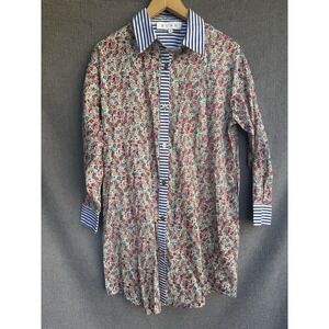 BURU Midi Boyfriend Shirt Dress Floral Stripe Button Down Size Medium